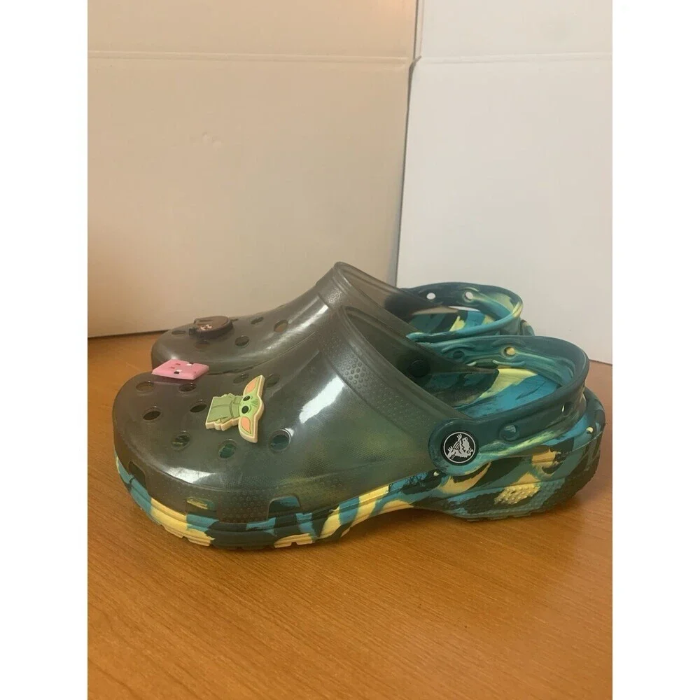 Crocs Classic Translucent Clogs M5/W7 Blue Marbled W/ 3 Jibbitz